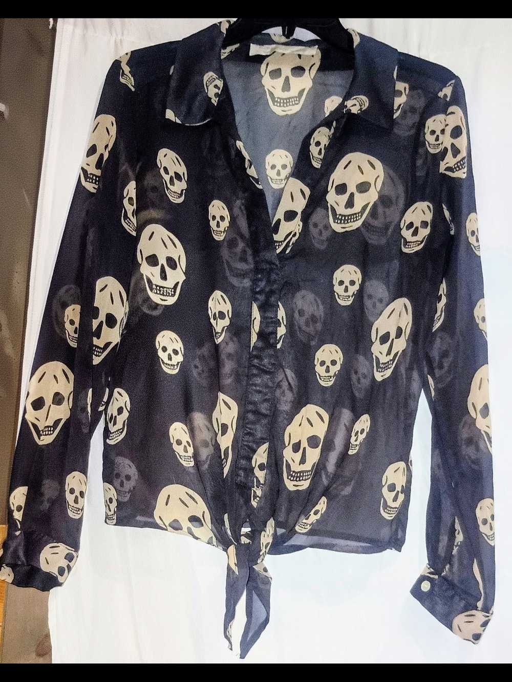 Sheer Black Skull Print Tie-Front Blouse